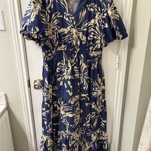JODIFL Navy and Cream Leaf Print Maxi Dress